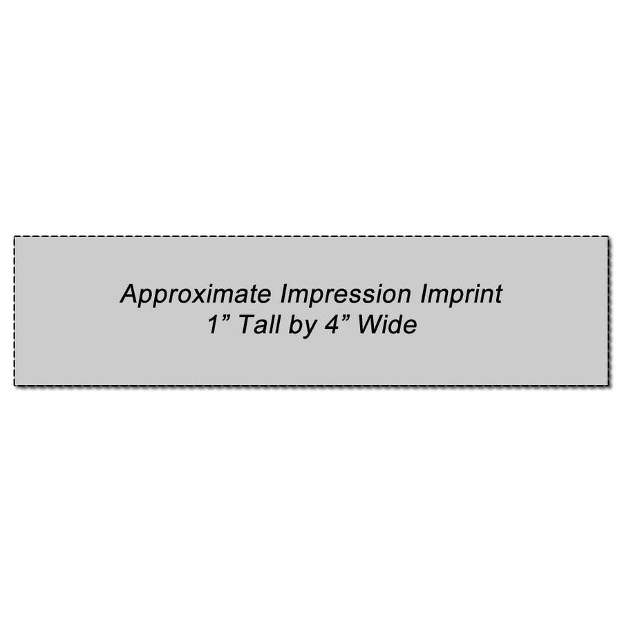 Approximate impression imprint size: 1 inch tall by 4 inch wide, product label printing area guide.