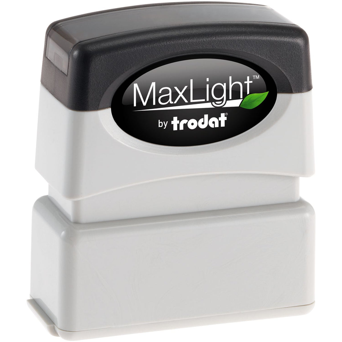 MaxLight by Trodat stamp pad device front with logo on black and white housing, branded office marking tool.