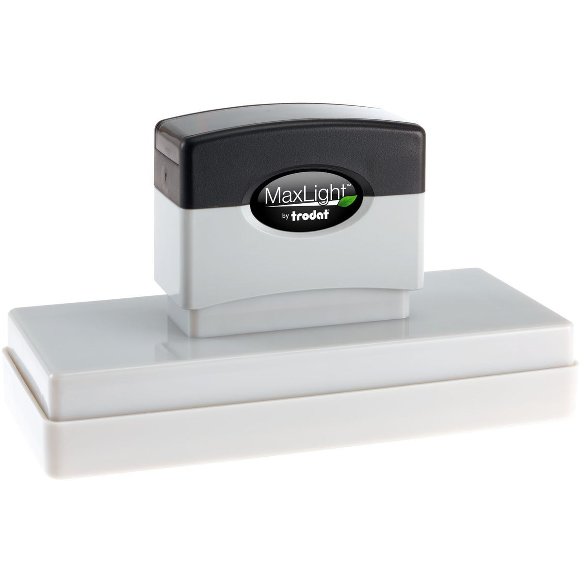 Trodat MaxLight by Trodat self-inking stamp with black top and white base, product photo for office date stamping