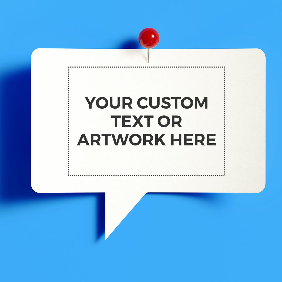 White pinned speech bubble with customizable text placeholder on a blue background, ideal for announcement or social media message design.