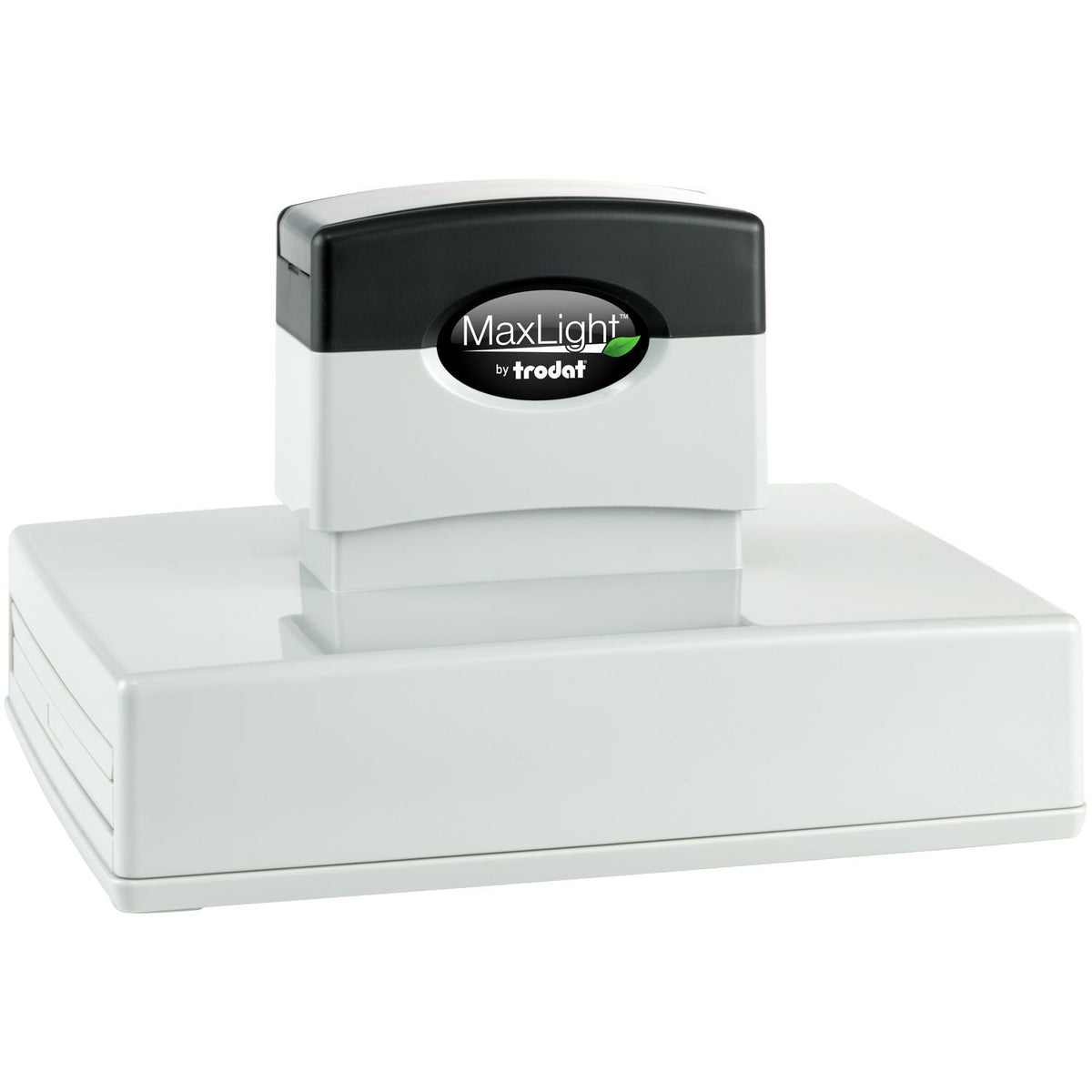 Trodat MaxLight self-inking stamp with black cap and white base on a white background