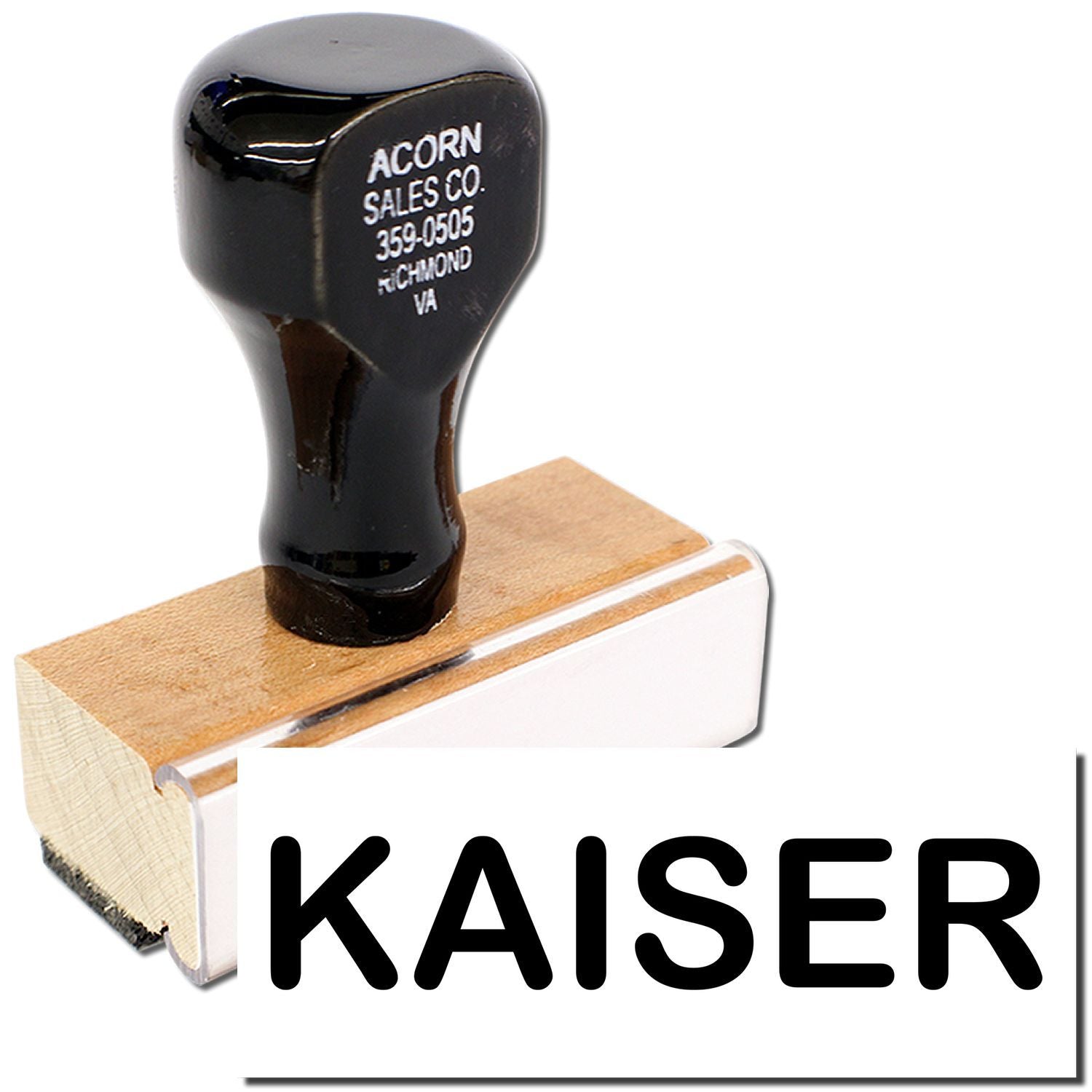 Kaiser branded product photo showing black Acorn Sales Co. replacement component on wooden base for industrial tools.