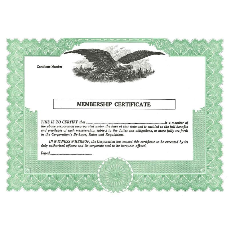 Green membership certificate document with certificate number and eagle emblem, representing official membership award and eligibility.