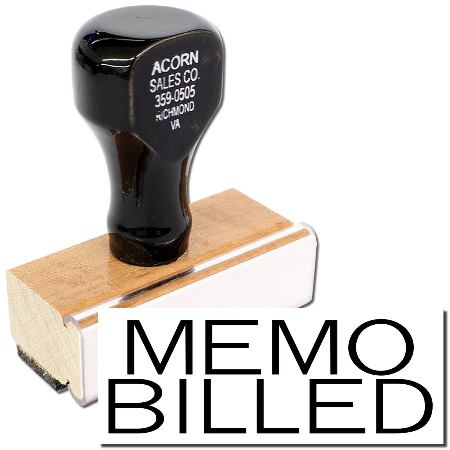 Acorn Sales Co black novelty stamp/tool with wooden base, text Memo Billed for office billing labeling.