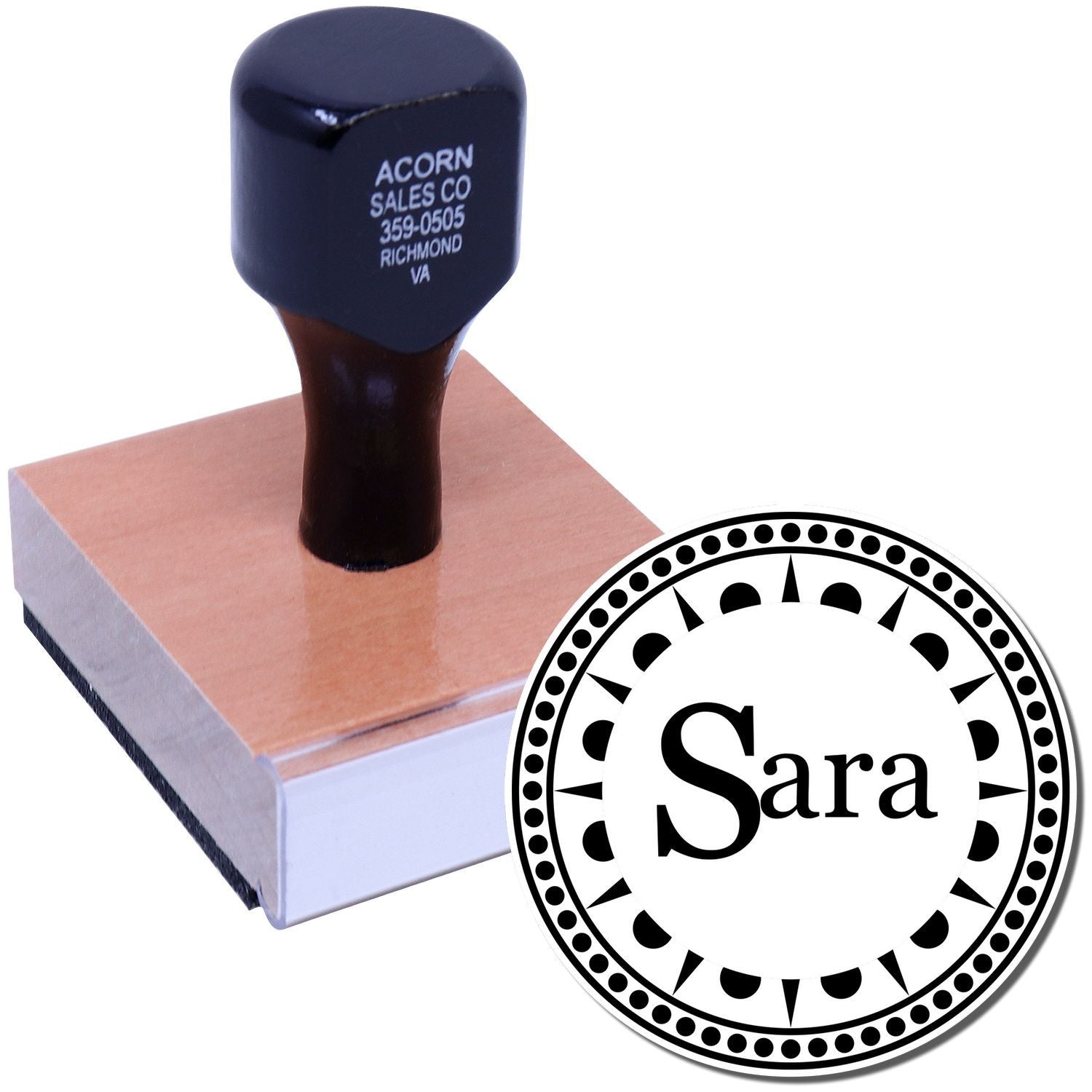 Personalized rubber name stamp for Sara with decorative monogram design, ideal for stationery, office, and branding.