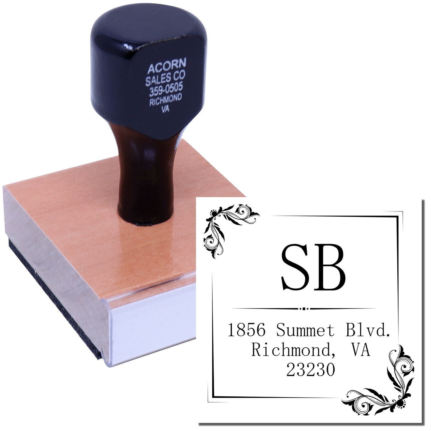 Personalized address rubber stamp with monogram initials, decorative corners, and Richmond VA return address design.