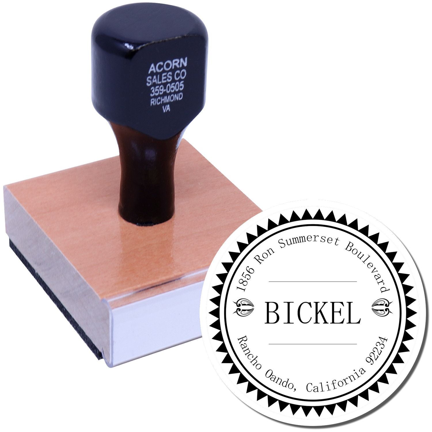 Custom rubber stamp and round address seal for personalized business mailing, branding, and return address use.