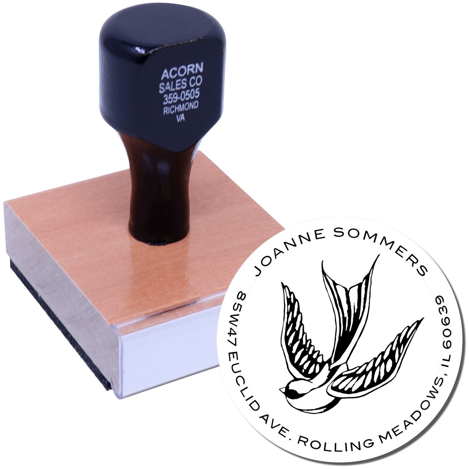 Custom self-inking rubber stamp with bird logo and address, perfect for business branding and mailing in Rolling Meadows, IL.