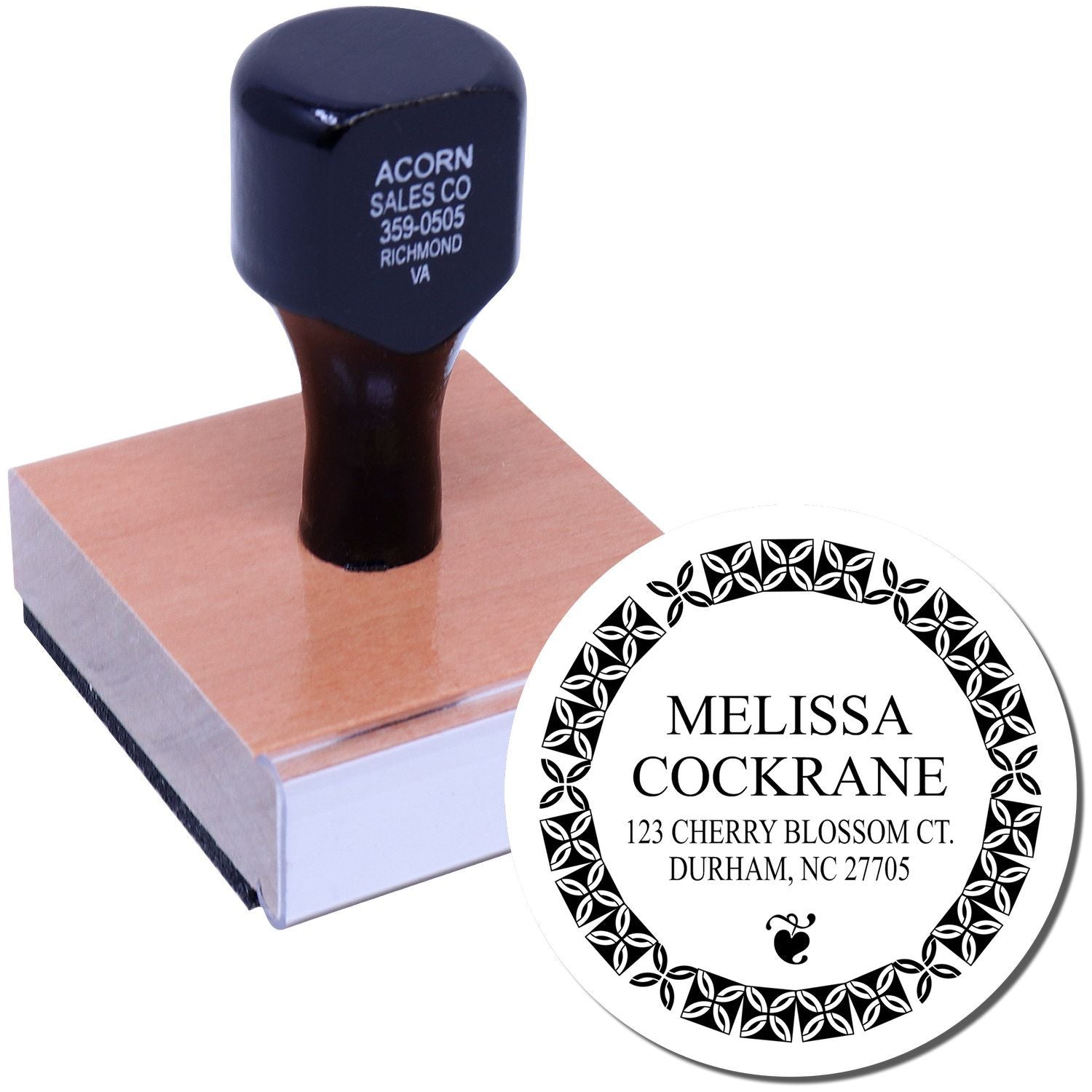 Custom address rubber stamp with personalized name and return address for mailing, card making, and business packaging.