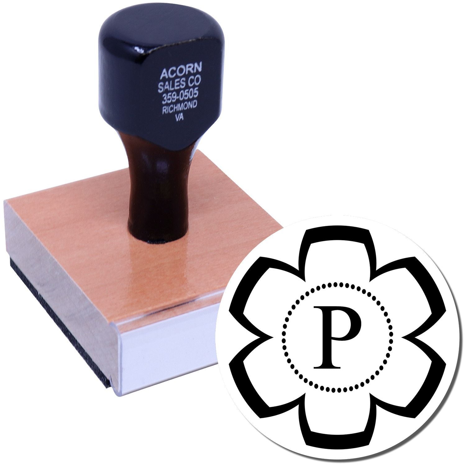 Custom rubber stamp with floral P monogram logo for branding, packaging, and personalized stationery.