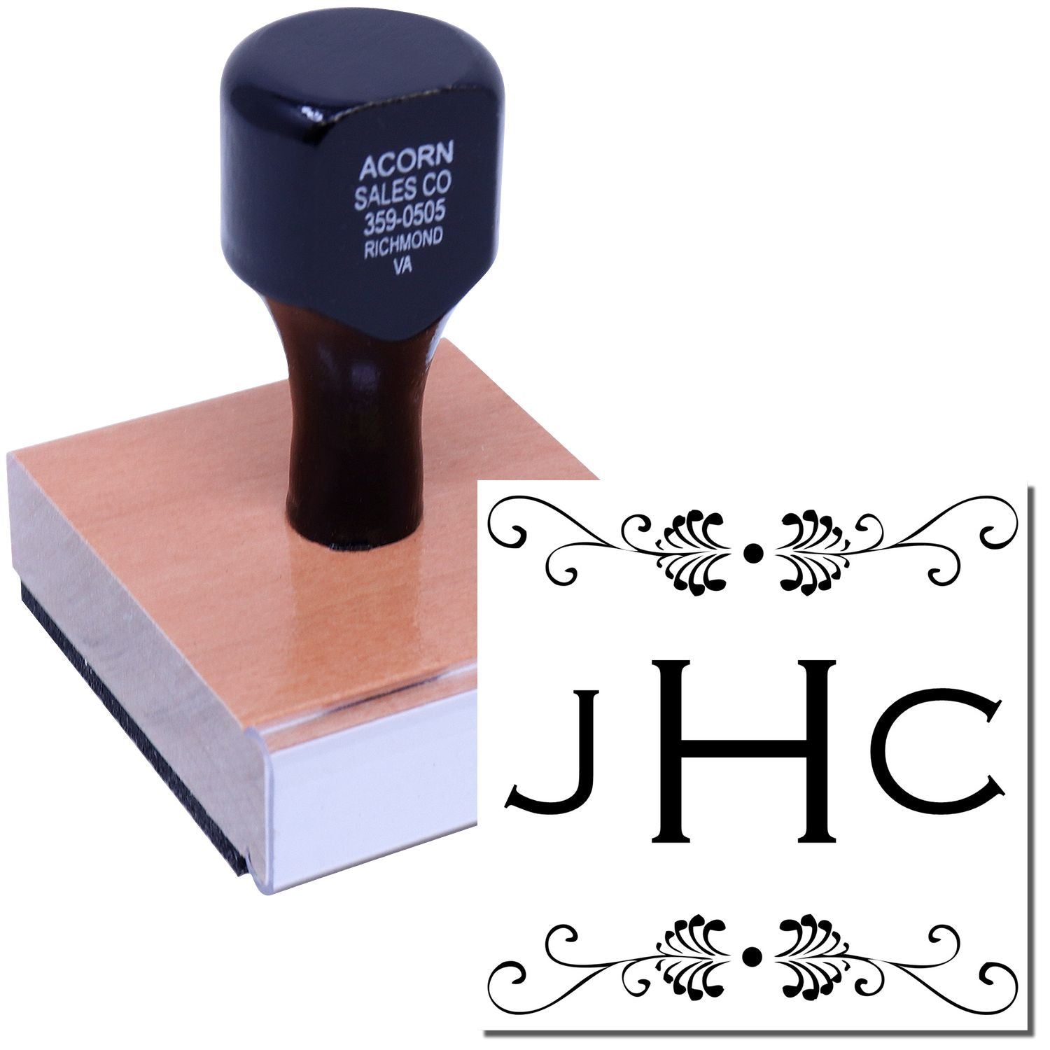 Custom monogram rubber stamp with decorative flourishes and JHC initials, ideal for personalized business or wedding branding.