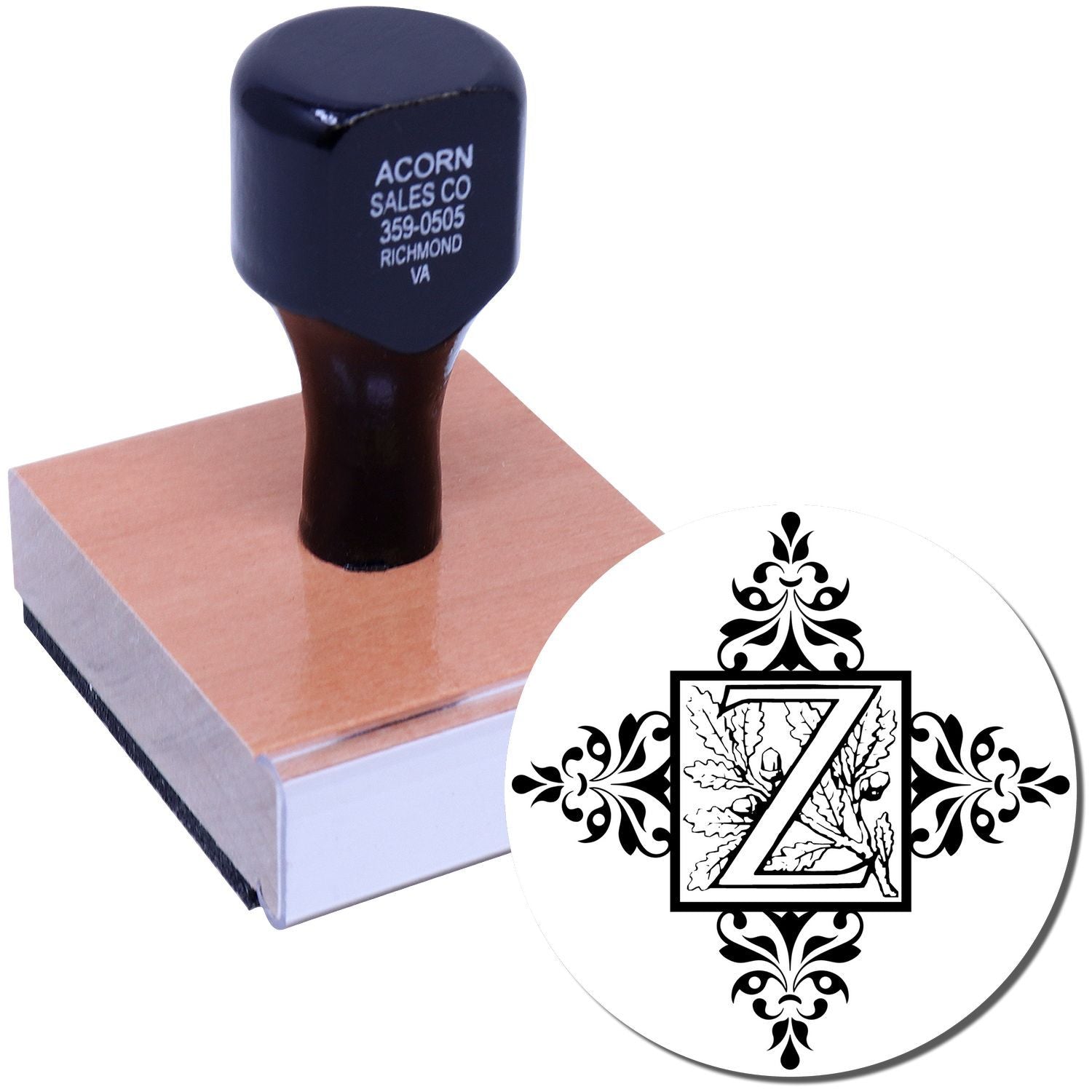 Custom monogram rubber stamp with decorative Z design, wooden handle, ideal for personalized stationery and business branding.