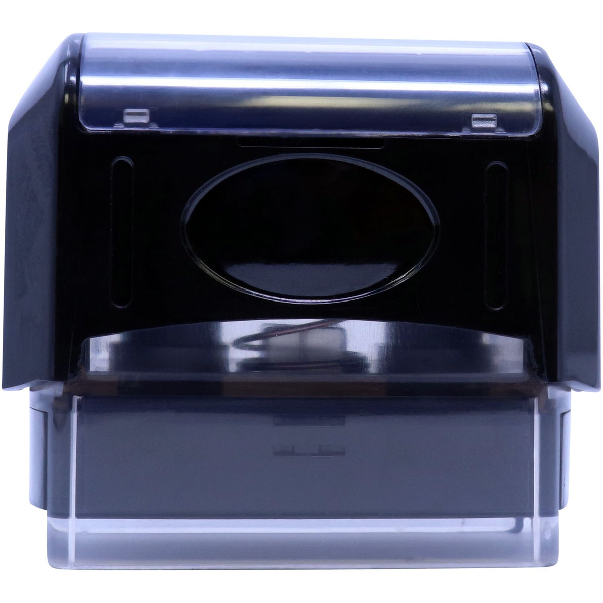 Black wall-mounted toilet paper dispenser with transparent cover, front view isolated on white background