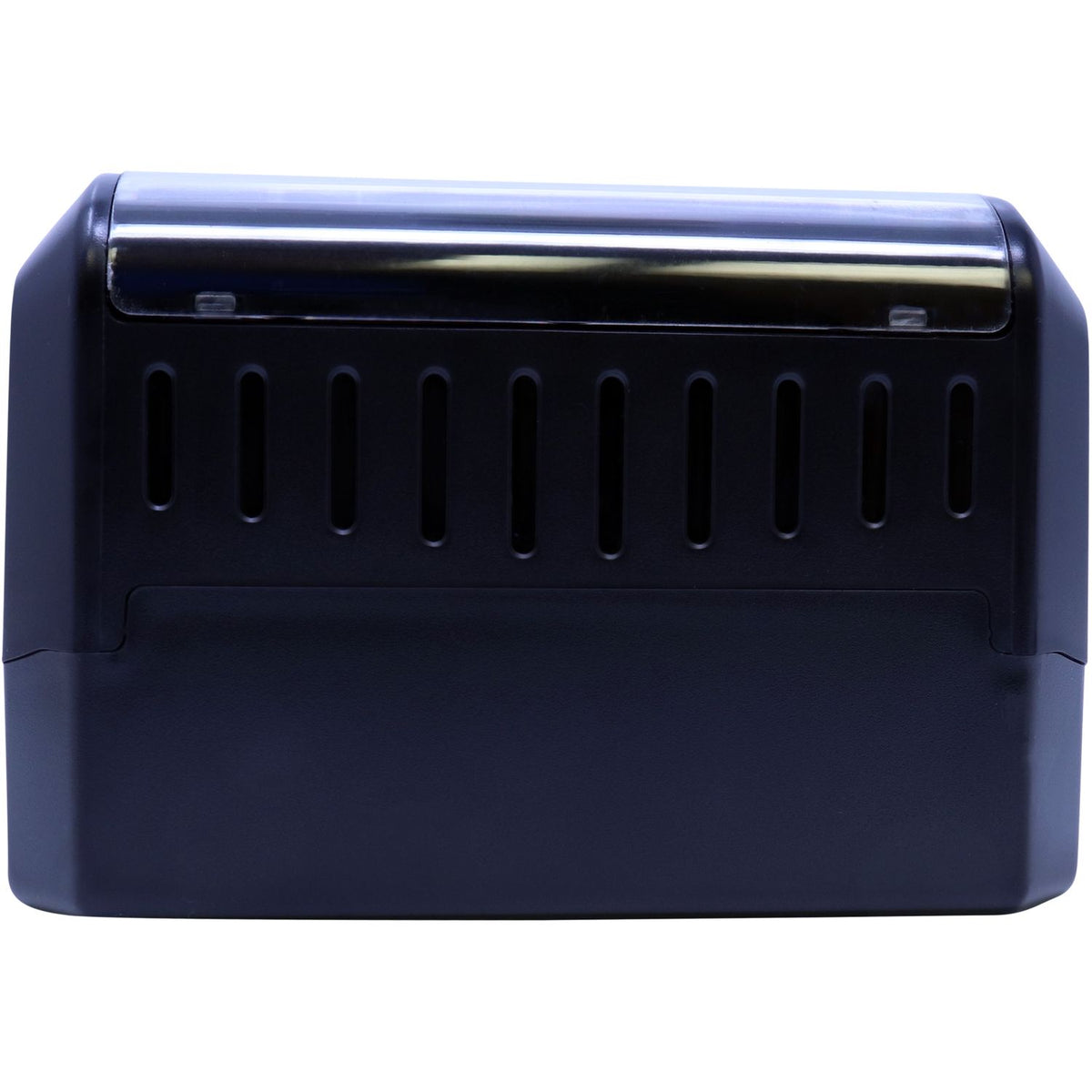 Black stainless steel paper towel dispenser with viewing window and ventilation slots on white background