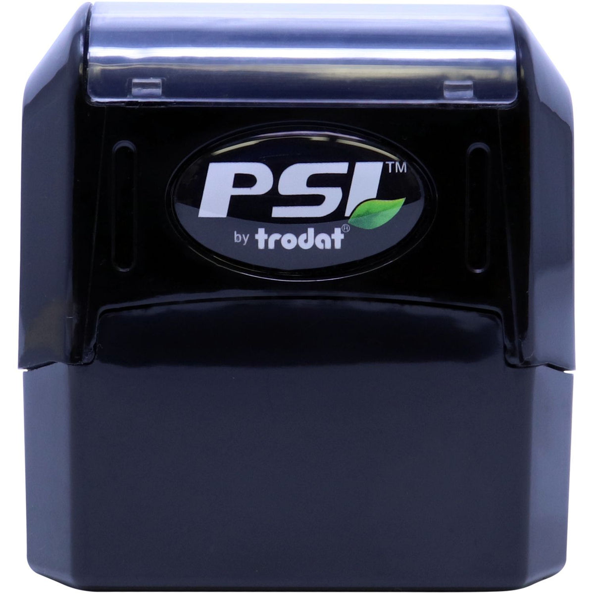 Trodat PSI self-inking stamp head, close-up showing the branding and ready-to-use office document stamping tool