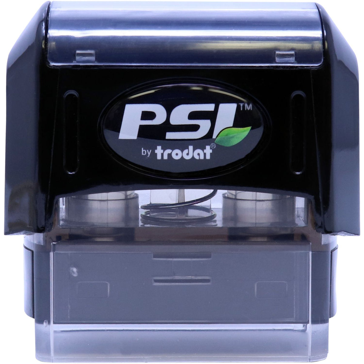 Trodat PSI by Trodat self-inking stamp front view, showing the logo and ink pad housing for quick identification.