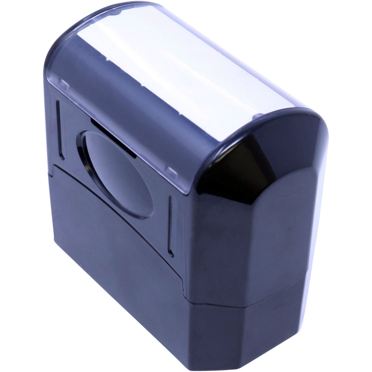 Black plastic tape dispenser with clear cover, compact desktop office supply on white background