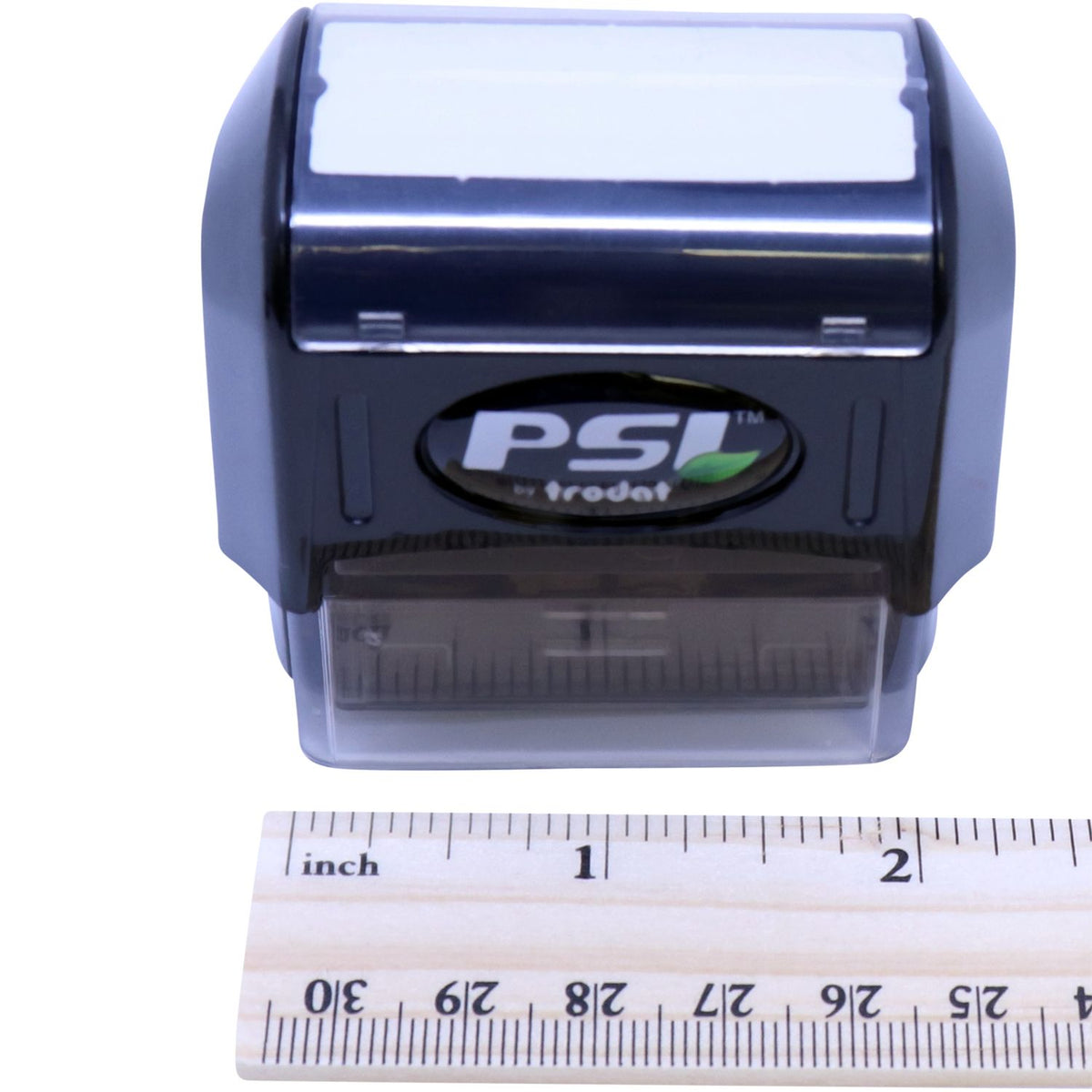 Close-up front view of PSI-branded blue electronic device housing with clear window, shown with ruler for accurate size measurement.