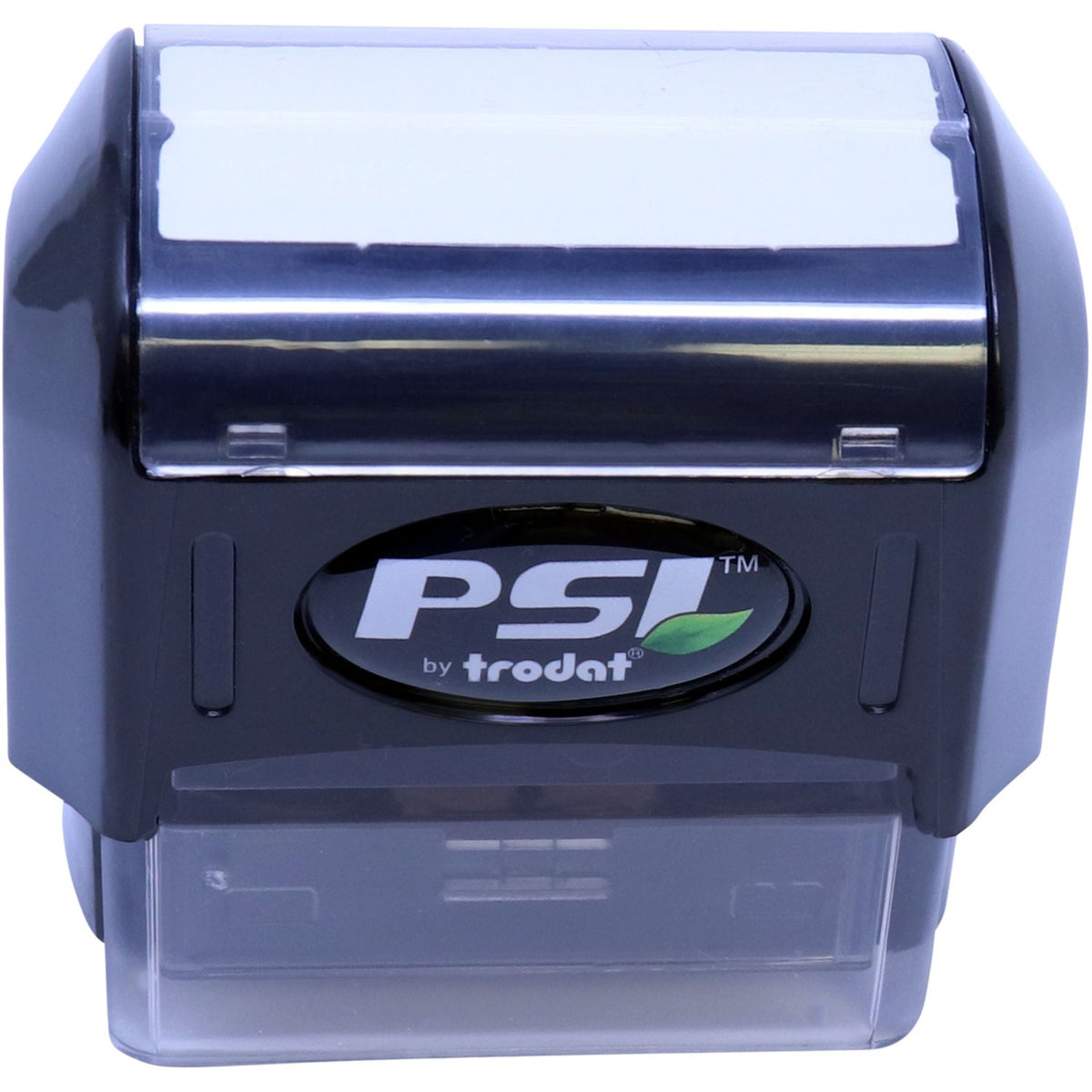 Trodat PS self-inking stamp for document marking, showing brand logo on blue desktop stamp with clear ink pad cover
