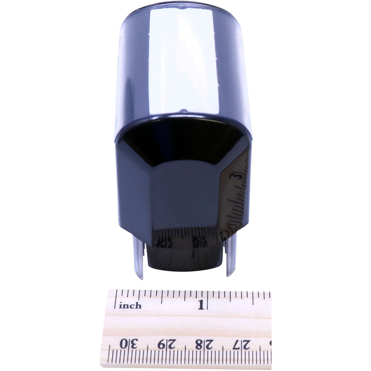 Blue plastic cylindrical electronic connector tip close-up with inch ruler for accurate product size measurement on white background