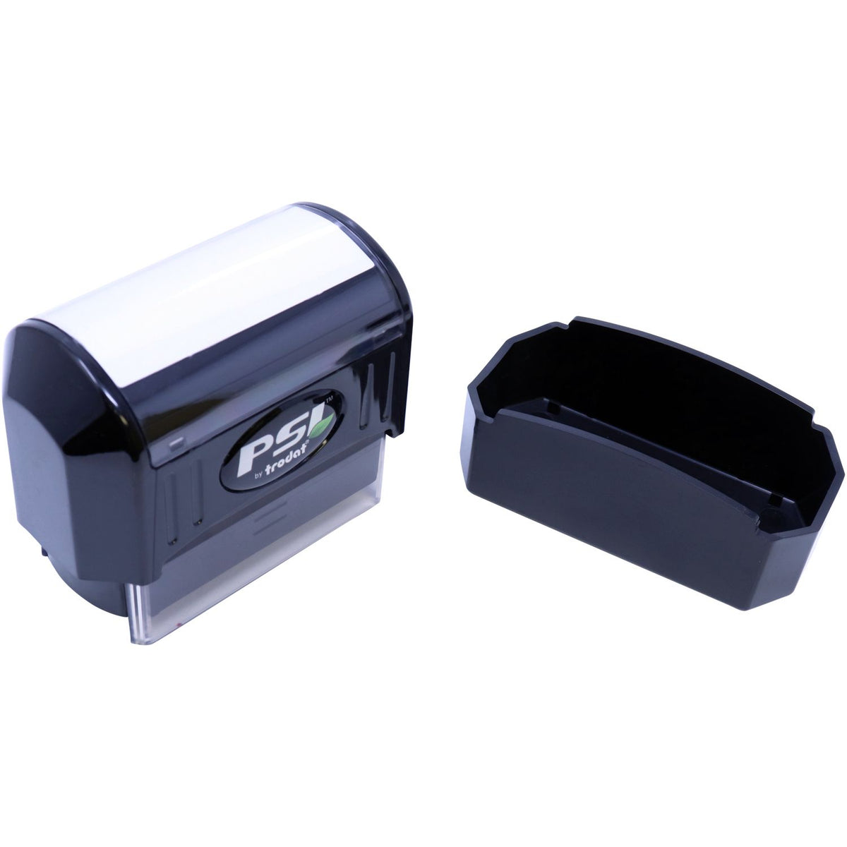 Trodat P5 stamp with ink cartridge and open base showing refill for office labeling and document marking