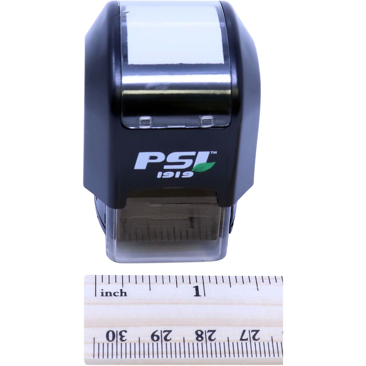 Close-up of PSI 1919 stamp/seal tool with inches ruler for size measurement and product identification.