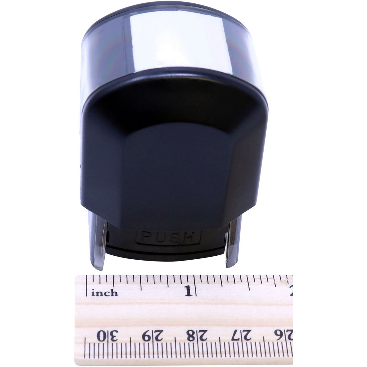 PUSH button electrical switch with inch measurement ruler, close-up showing compact size and design specs for product listing.
