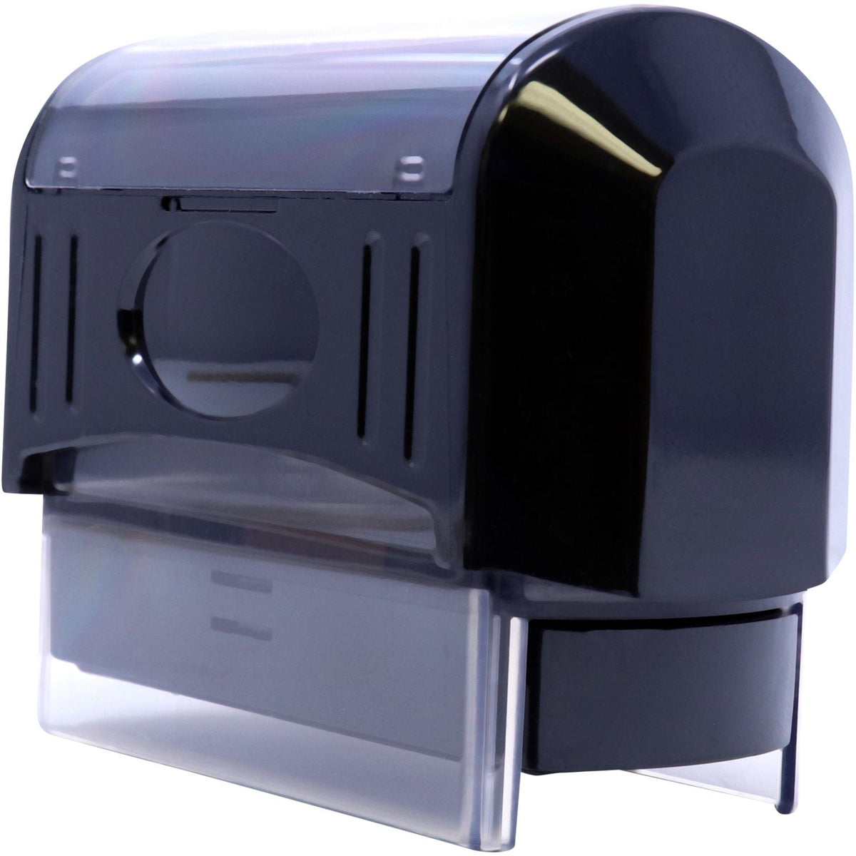 Front view of black toaster with bread slots and lever, showcasing a kitchen appliance for evenly toasting bread at home breakfast