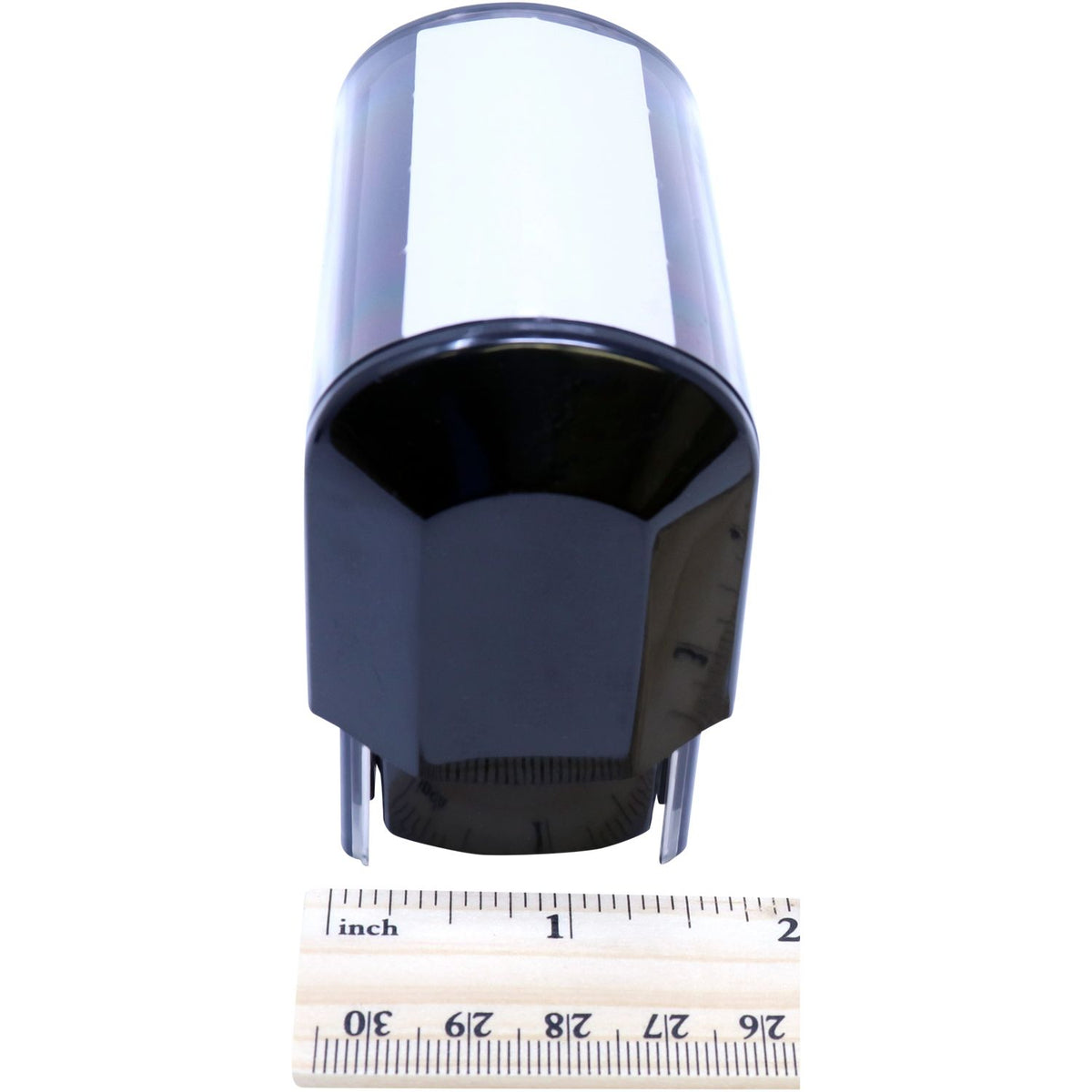Compact black and silver electronic component shown with an inch ruler, illustrating its small size and dimensions for product listing.
