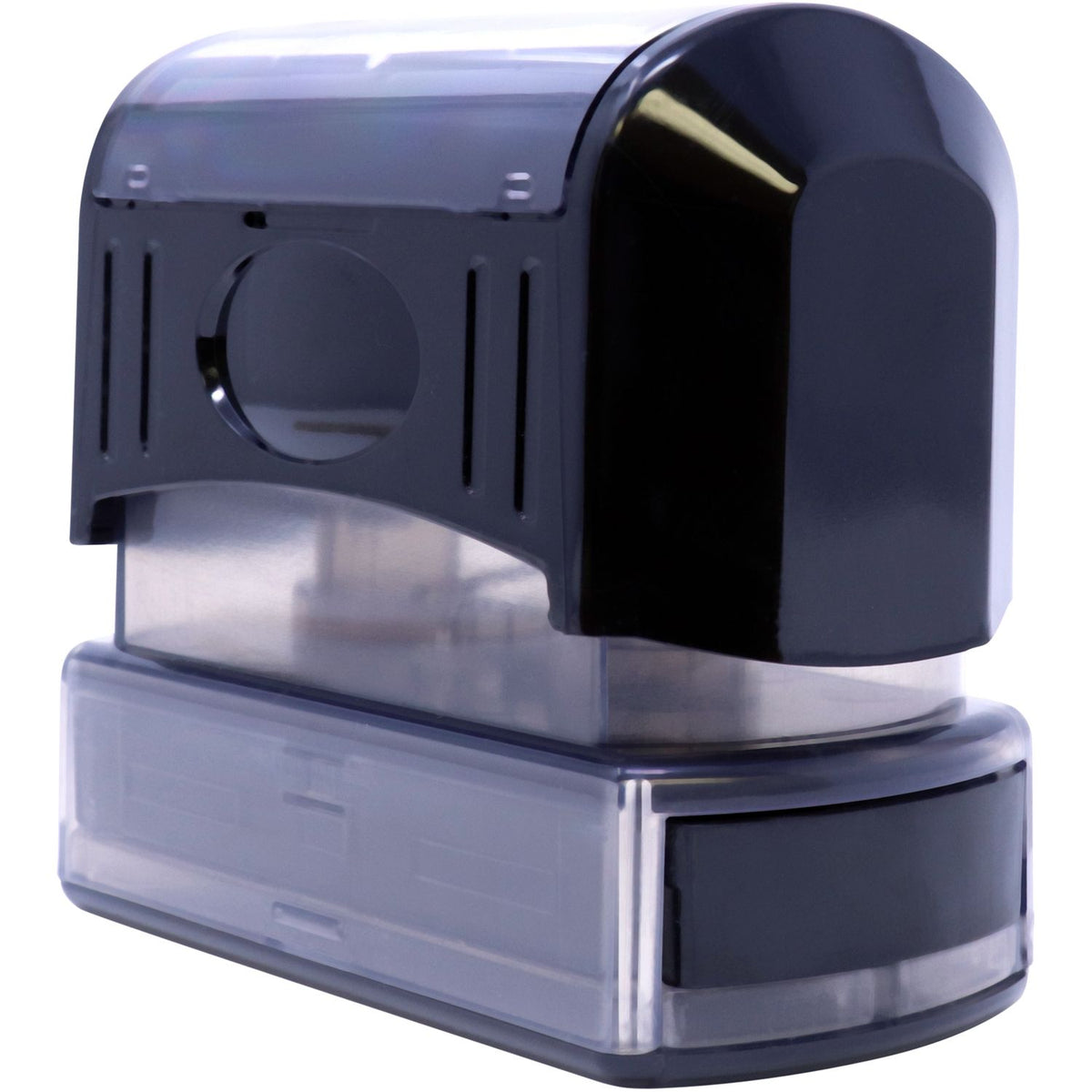 Black automatic pet feeder with transparent food container and base dispenser, isolated on white background