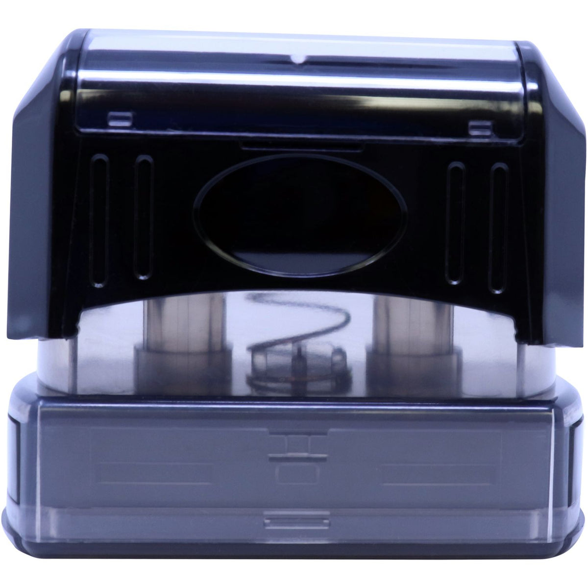 Black two-hole paper punch with transparent waste tray on a white background.
