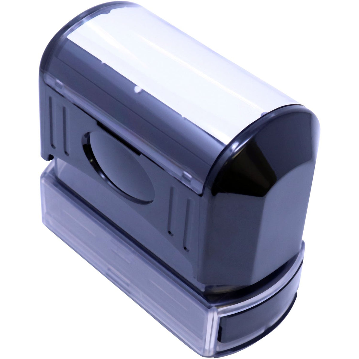 Transparent self-inking rubber stamp in a clear plastic case on a white background.