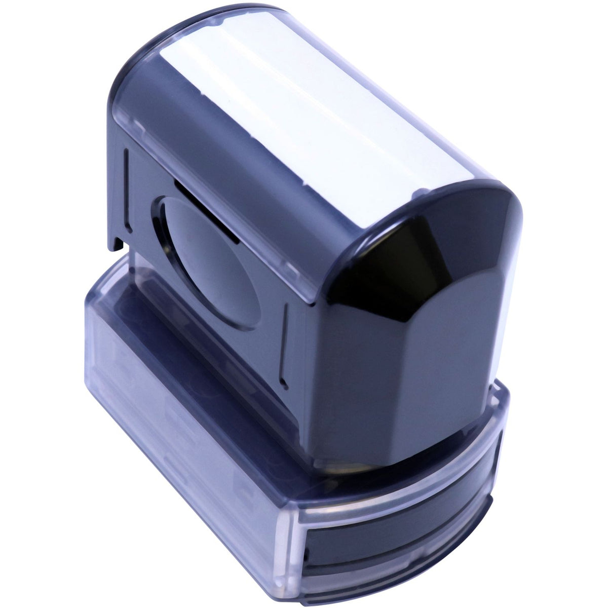 Close-up of dark blue plastic device component with clear protective window and recessed switch slot for secure use