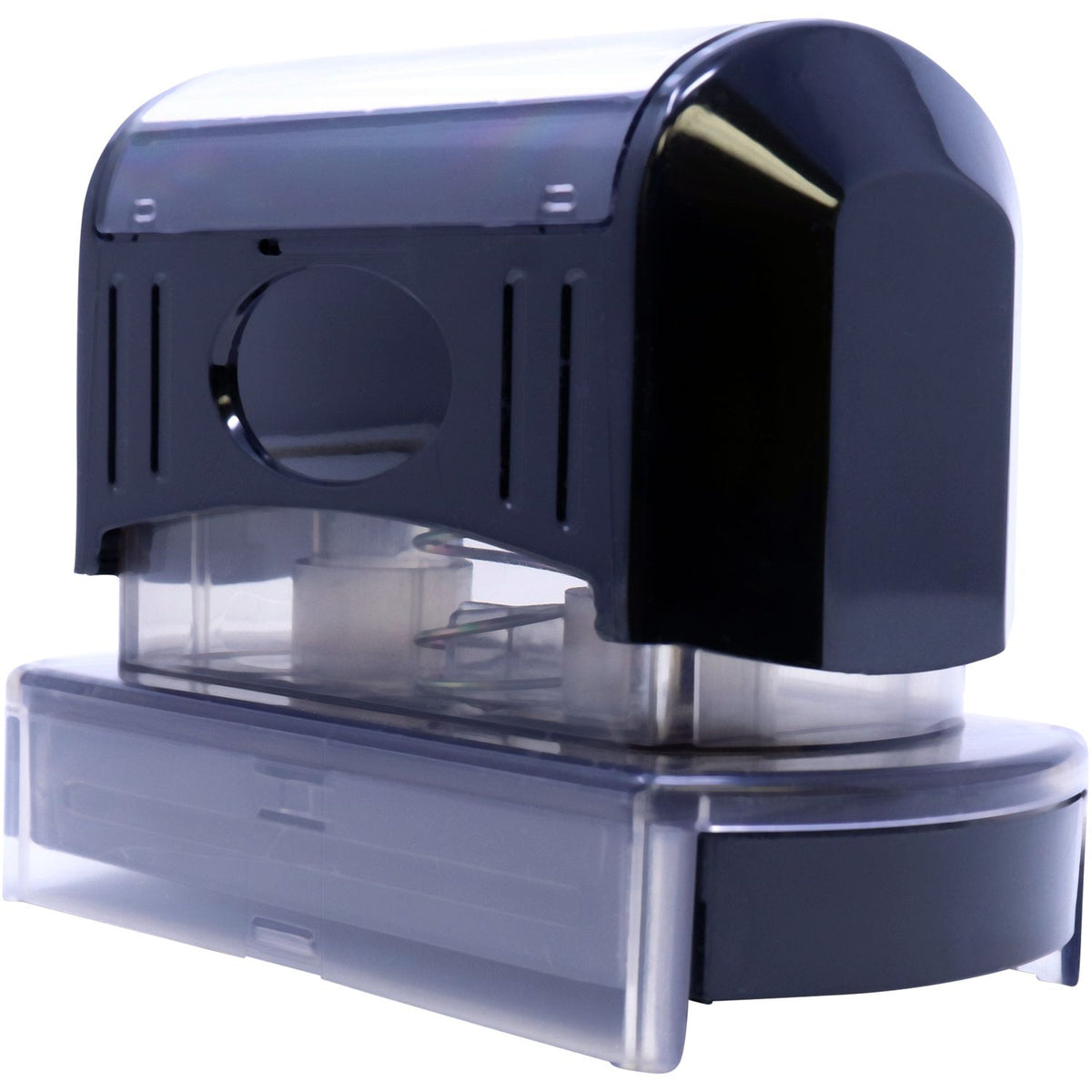 Close-up of blue pod espresso coffee machine brewer head and drip tray, front view showing water outlet and coffee dispensing area.