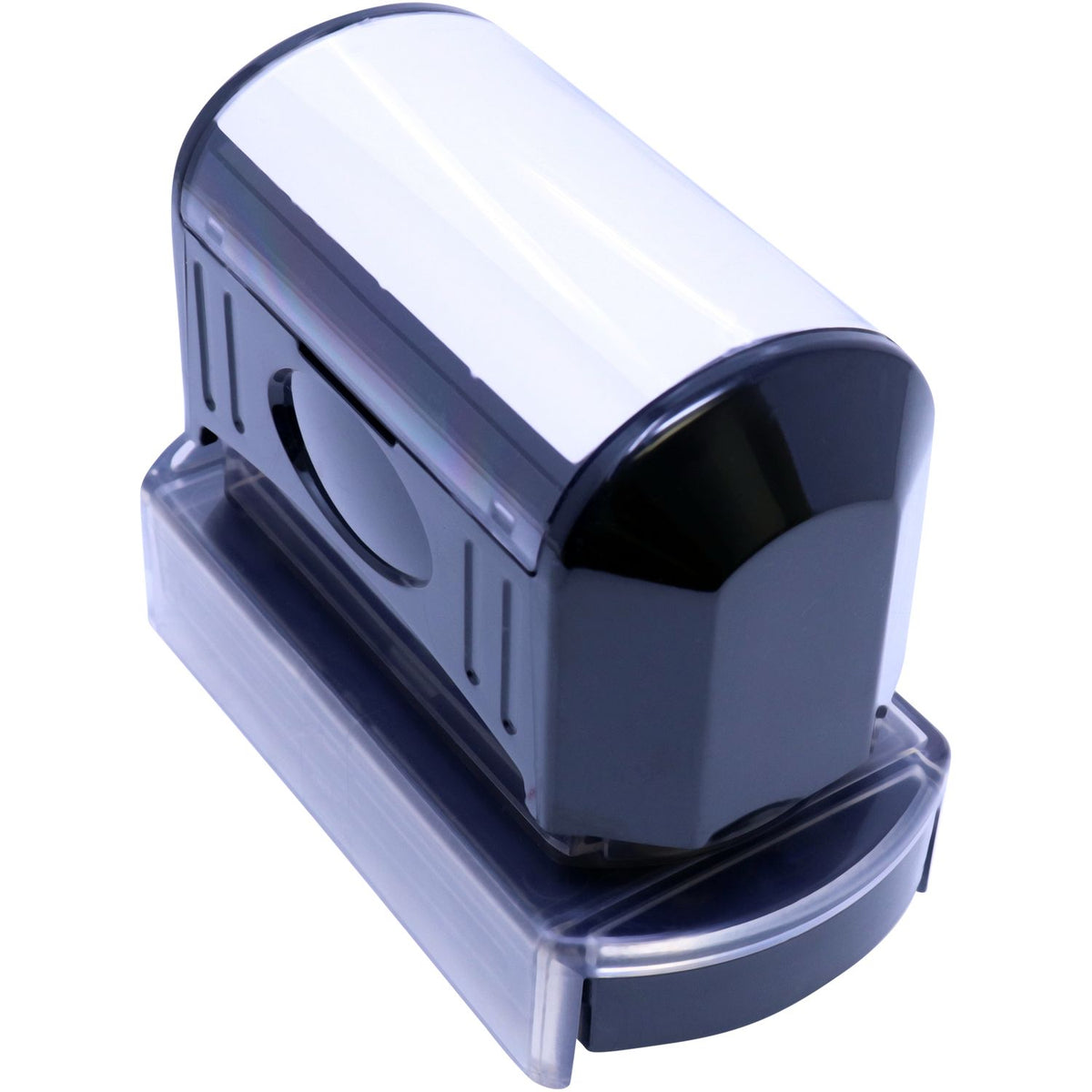 Close-up of a modern portable electronic device with transparent housing and vented panel, shown on white background.