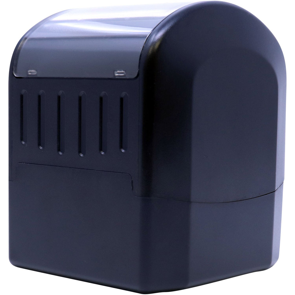 Close-up of navy-blue electric appliance showing vent slots and top panel, highlighting airflow cooling and performance design.