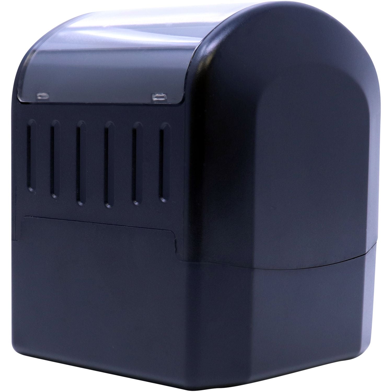 Black compact desktop office machine with curved design and translucent top cover