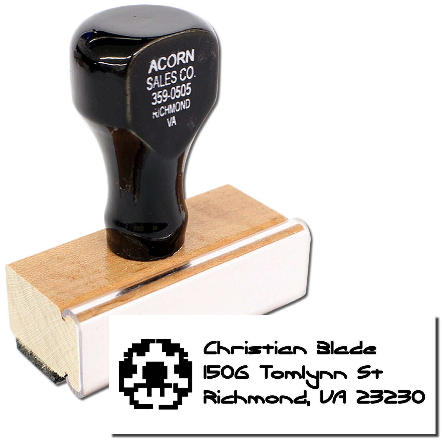 Custom wooden handle address rubber stamp with Christian Blade, 1506 Tomlynn St, Richmond, VA 23230 imprint.