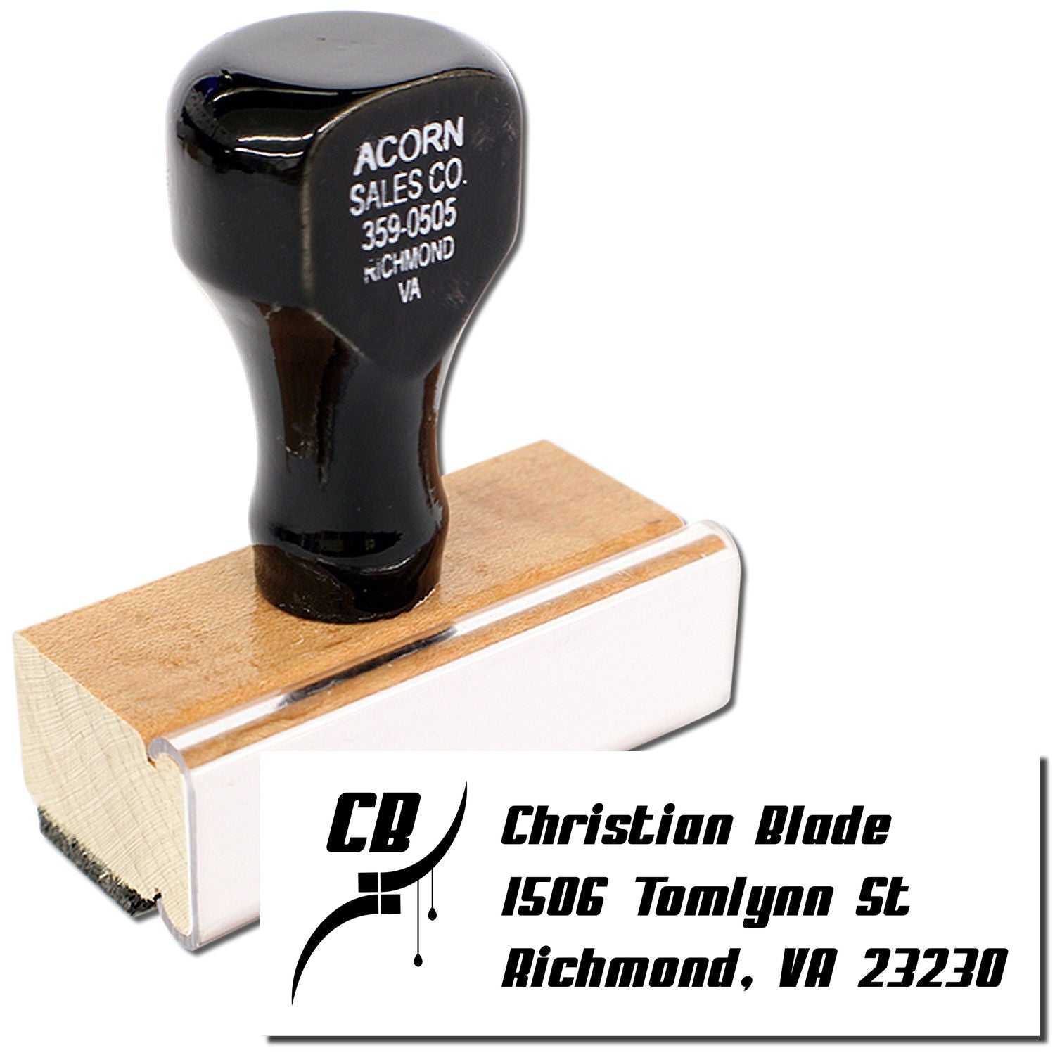 Custom wooden rubber address stamp with Christian Blade return address and logo for business mailing.