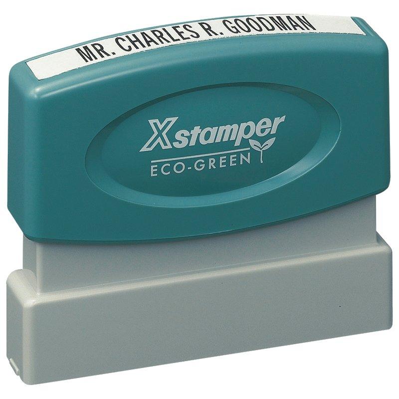 Xstamper Eco-Green self-inking stamp showing Mr. Charles R. Goodman for quick mailing labels and document marking