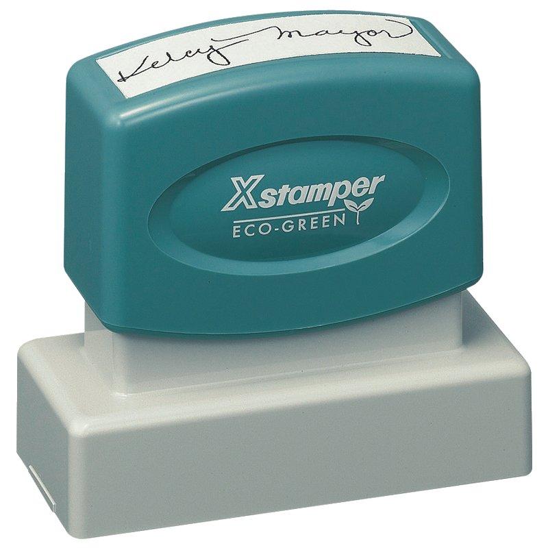 Xstamper Eco-Green self-inking date stamp in teal and grey for shipping labels, labeling and office document marking