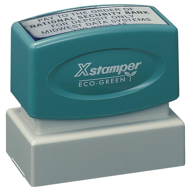 Xstamper Eco-Green self-inking check stamp for Pay to the Order Of banking endorsements