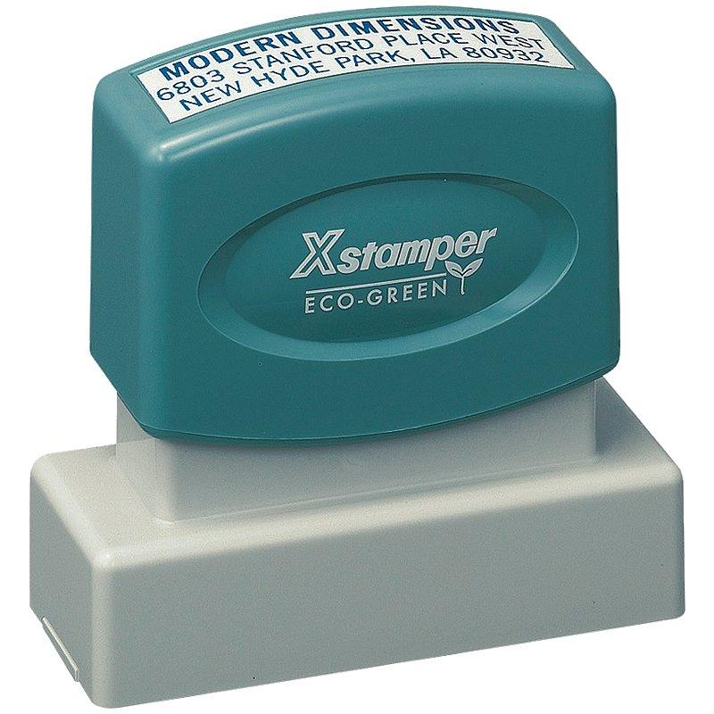 Xstamper Eco-Green modern address stamp with ink pad for accurate business mail and return address marking on envelopes and documents.