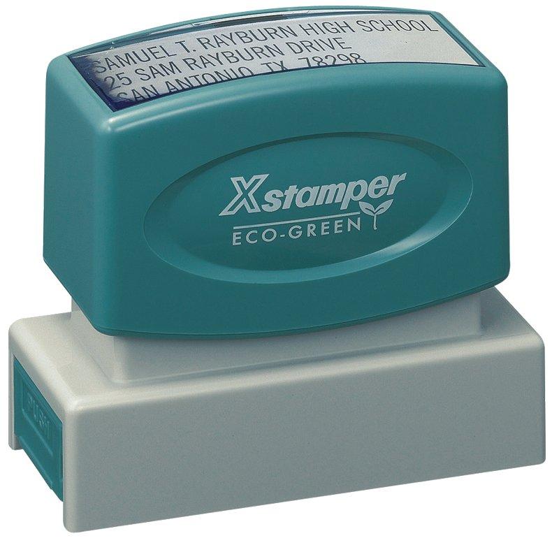 Xstamper Eco-Green self-inking address stamp for Samuel J. Rayburn High School, 25 Sam Rayburn Dr, San Antonio TX 78238