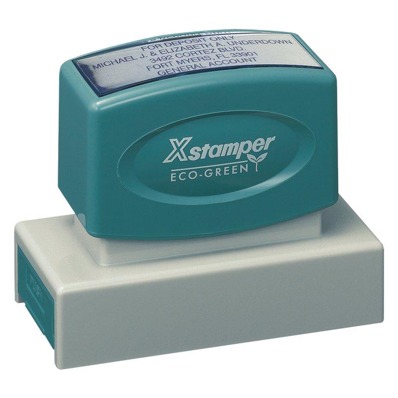 Xstamper Eco-Green self-inking deposit stamp for banking and receipts, quickly imprinting documents and mail with reusable ink.