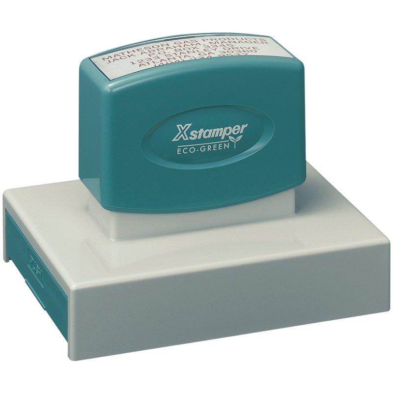 Xstamper Eco-Green self-inking date stamp on base for clear document stamping and marking.