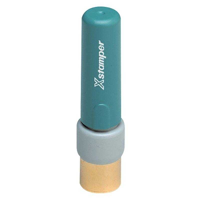 Xstamper teal ink stamp refill cartridge for replacement self-inking stamp, cylindrical ink reservoir with base.
