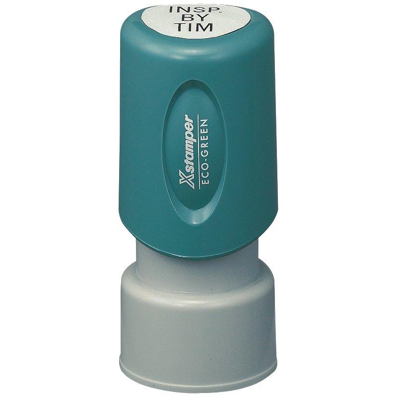 Xstamper Eco7 green inspection stamp reading 'INSP BY TIM' for quality control and document marking