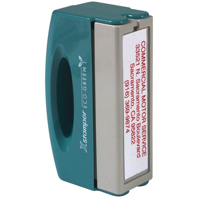 Xstamper Eco-Green self-inking stamp cartridge with printed Commercial Motor Service label for quick asset and warranty marking