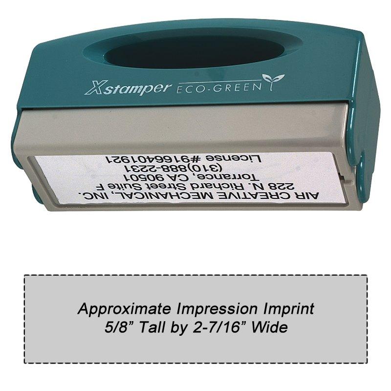 Xstamper Eco-Green self-inking stamp showing approximate impression area 5/8 in tall by 2-7/16 in wide